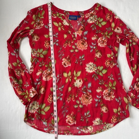 Pendleton Red Floral 100% Cotton Roll Tab Sleeve Blouse Top Cottagecore Medium - Picture 14 of 14